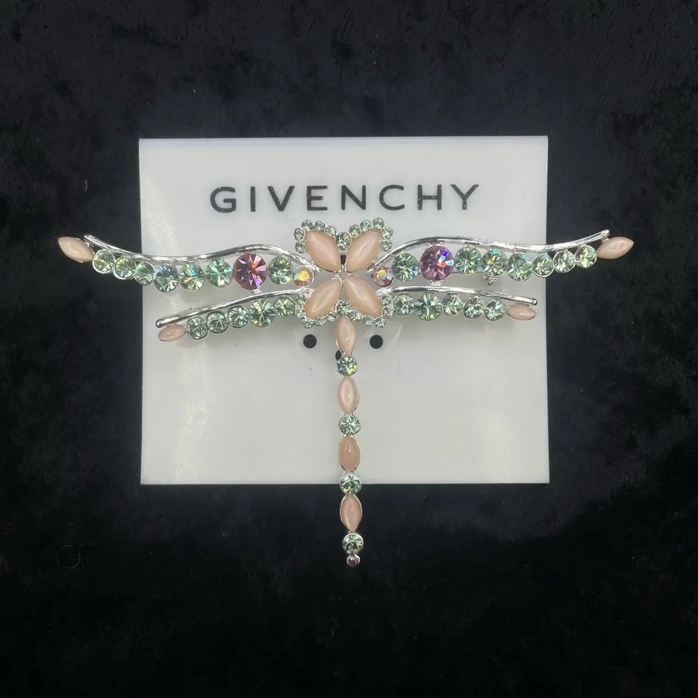 NWT GIVENCHY Dragonfly Pin Brooch Peach Moonstone Silver Tone Green Pink Crystal - Picture 9 of 9